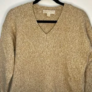 MICHAEL Michael Kors Women's Tan V-Neck Cotton Wool Long Sleeve Sweater Sz Med - Picture 1 of 7