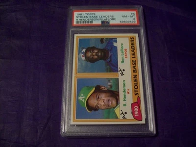 1981 TOPPS #4 STOLEN BASE LEADERS RICKEY HENDERSON AND RON LEFLORE PSA 8 - Image 1 of 2