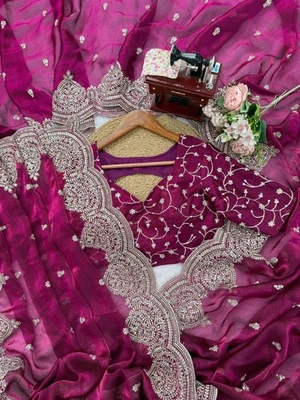 Wedding Collection Pink Fendi Chiffon Saree With Blouse For Women & Girls - Image 1 of 4