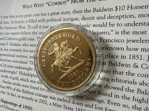 1850 Baldwin & Co. $50 Gold Plated Horseman Coin Replica Eagle US Copy Proof - Picture 1 of 5