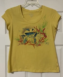 Beach Scene Tee WEEKENDS by Chico's Women's Yellow Top Size 1 Blouse Shirt M - Picture 1 of 4