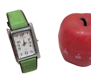 Vernier Green Silver Rectangular Analog Watch Faux Felt Leather Strap - Picture 1 of 1