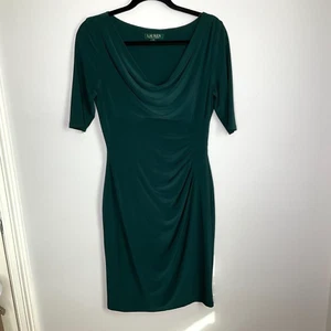 Lauren Ralph Lauren Womens 8 Emerald Green Bodycon Dress 3/4 Sleeves Ruching - Picture 1 of 5