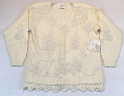 Suéter com miçangas bordado angorá lã de cordeiro creme Marisa Christina novo com etiquetas tamanho M - Imagem 1 de 4