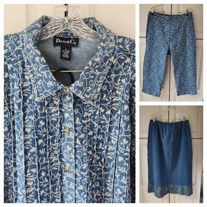 Denim & Co Skirt Pants Suit Plus Size 1X Blue Tan Floral Scroll Lined 3 Piece - Picture 1 of 18