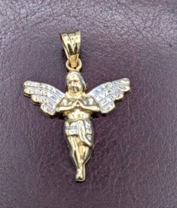 10k Yellow & White Gold Diamond Cut Two Tone Angel 23x23mm Pendant ~ 1.3g - Picture 1 of 6