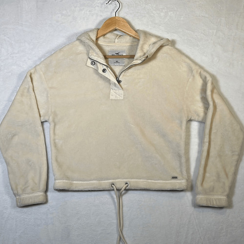 OFF WHITE Felpa con cappuccio Hollister morbida peluche Donna X Small