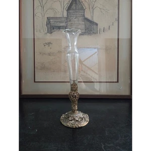 Jarrón vintage Matson Ormolu dorado filigrana rosa brote 12" estilo Hollywood Regency - Imagen 1 de 10