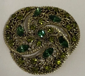 Vintage Gold Tone Flowers & Green Rhinestones Statement Pin Brooch - Picture 1 of 4