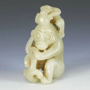 CHINESISCHER NEPHRIT JADE ZWEI AFFEN GLÜCKVERHEISSENDES SYMBOL BUDDHISMUS CHINA 20. JH. - Bild 1 von 8