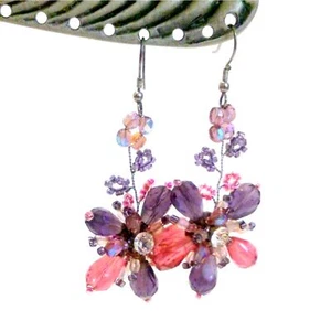 Pink and Purple Wirework Flower Drop Earrings - Picture 1 of 4