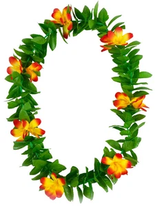 Green Leaf Leis Hawaiian Garland Orange Flowers Hula Hawaii Fancy Dress Necklace - Picture 1 of 1