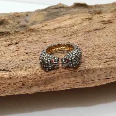 Double Panther Design Ring 925 Sterling Silver Pave Diamond & Ruby Gemstone Ring - Image 1 of 4