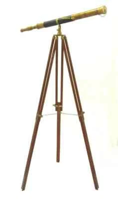 39 Inch Antique Nautical Floor Brass Telescope With Wooden Tripod Stand Handmade - Image 1 of 4