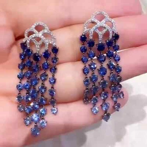 Pendientes araña de zafiro blanco y azul tanzanita de 14 quilates creados en laboratorio plata 925 - Imagen 1 de 4