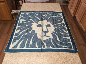 Vintage Anne Klein Signature Logo Silk Scarf Lapis Lazul Blue Lion - Picture 1 of 9