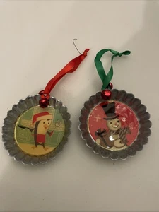 Christmas Ornaments 4" Mini Pie Tart Tin HMK Decor Snowman And Penguin Lot 2 - Picture 1 of 6
