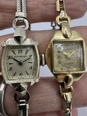 复古 14K 黄金手表 批量 女士 Wittnauer Crawford 白黄金原样 — 第 1/4 张图片