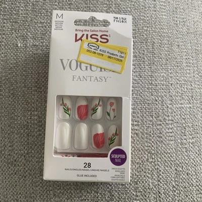 Uñas de fantasía Kiss Voguish. 28 clavos. Ovalado medio. Uñas tulipán/flor/blancas. Foto 1 de 3