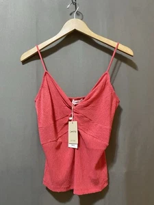 NWT MANGO Women Adjustable Strap Twisted Knot Crinkle Knit Crop Top SZ M Magenta - Picture 1 of 13