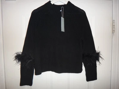 Antonio Melani Tilly Wool Blend Mock Neck Ostrich Feather Trim Sweater Black L - Image 1 of 4