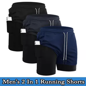 Men's 2 in 1 Shorts Compression Gym Workout Training Running Pants Phone Pocket - Picture 1 of 33