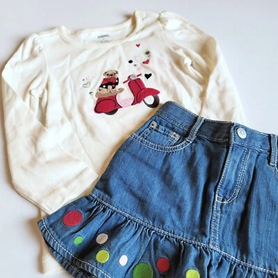 Gymboree sz 4 щенки и поцелуи мопс скутер рубашка и точка джинсовая юбка комплект новый с Ярлыками - Изображение 1 из 4