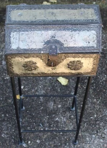 Vintage Tin Metal Storage Box Treasure Chest Trinket Box With Stand - Picture 1 of 24
