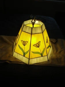 Vintage Slag Stained Glass Hanging Chandelier Light Fixture 6 Flowers 6 Sided - Picture 1 of 7