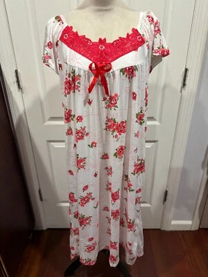 Mujeres Camisón Blanco Manga Corta Marrón Floral Frontal Encaje Talla M 39"L x 20"W Foto 1 de 4