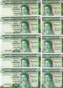 LOT GIBRALTAR, 10 x 5 pounds, 1988, Pick 21 (21b), QEII, UNC - Picture 1 of 1