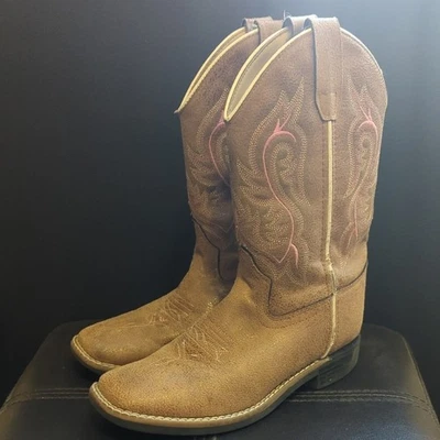 Old West Youth Size 2 Brown Faux Leather Pull On Tan Cowboy Western Boots - Image 1 of 4