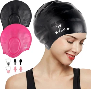 Badekappe für Damen Herren - Große Silikon Badekappe für lange/kurze Haare mit 3D - Bild 1 von 1