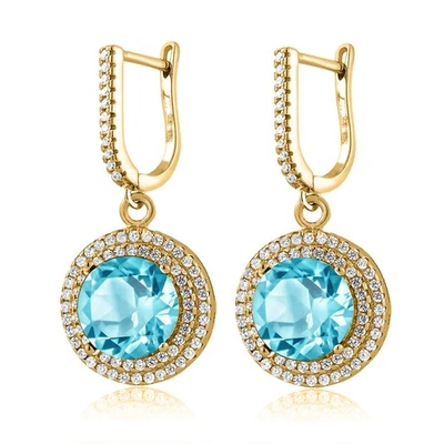 11.28 Ct Round Swiss Blue Topaz 18K Yellow Gold Plated Silver Earrings Foto 1 de 3