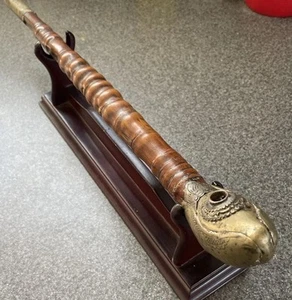 Antique Chinese Opuim Brass & Bamboo 17” Smoking Pipe Very Good With Stand!! - Picture 1 of 10