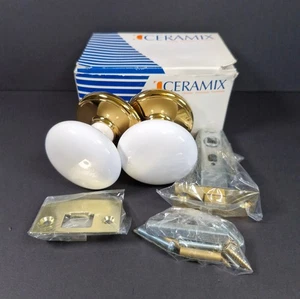 Ceramix White Ceramic Porcelain Door Knob Gold Brass Baseplate Keyless Handles - Picture 1 of 7