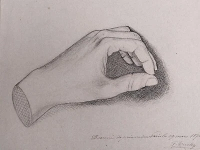 Dessin, Etude de Main Crayon, Académie sur papier 27.5x24 cm Daté & Signé XIXème - Photo 1/4