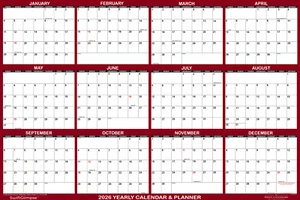 48x72 SwiftGlimpse 2026 Erasable Wall Calendar Planner, Huge Planning - Maroon - Picture 1 of 4