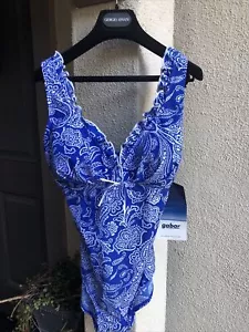 NWT Gabar One Piece Swimsuit Floral Print Ruffle Front Blue/white Women’s Sz 10 - Picture 1 of 8