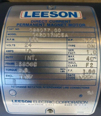 Powerful LEESON ELECTRIC MOTOR, 1/4hp, DC 24 Volt, 5/8" shaft. Part # C42D17NC5A - Image 1 of 3