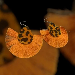 Ladies Cheetah Styled Orange Tassel Statement Fashion Earrings Jewelry - Picture 1 of 5