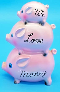 Vintage Pink Stacked Ceramic Piggy Bank ‘We Love Money’ With Coin Stopper - Picture 1 of 6