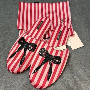 Victoria's Secret Signature Slippers Size L Striped Satin Bow New With Tags - Picture 1 of 6