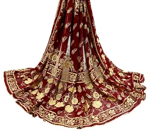 Vintage Dupatta Maroon Long Stole Pure Georgette Silk Hand Embroidered Scarves - Picture 1 of 20