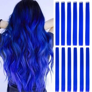 12 Pcs Colored Hair Extensions Colorful Clip in 12 Pcs-Blue for Kids Girls Women - Picture 1 of 5
