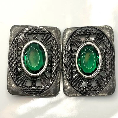 Antique Art Deco Czechoslovakian 2 pc belt / sash buckle w Green Glass Stones - Image 1 of 3