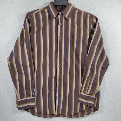 Breakwater Mens Button Front Shirt Cotton Striped Blue Brown Long Sleeve Large - Image 1 of 4