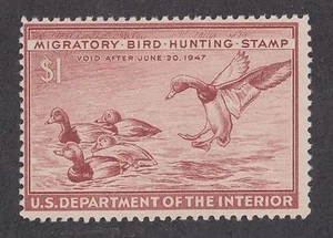 US Sc RW13 MLH. 1946 $1 red brown Redhead Ducks, Duck Hunting Permit Stamp - Picture 1 of 1