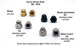Acorn Dome Nuts M3 - M10 Brass Black A2 stainless steel Nyloc Pack of 4/ 10/ 20 - Picture 1 of 17