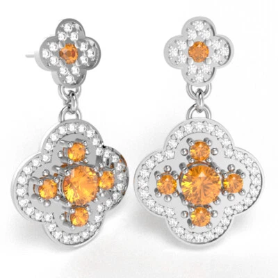 Shamrock Clover Flower Leaf Citrine Diamond Earrings In 14k Gold - Image 1 of 4